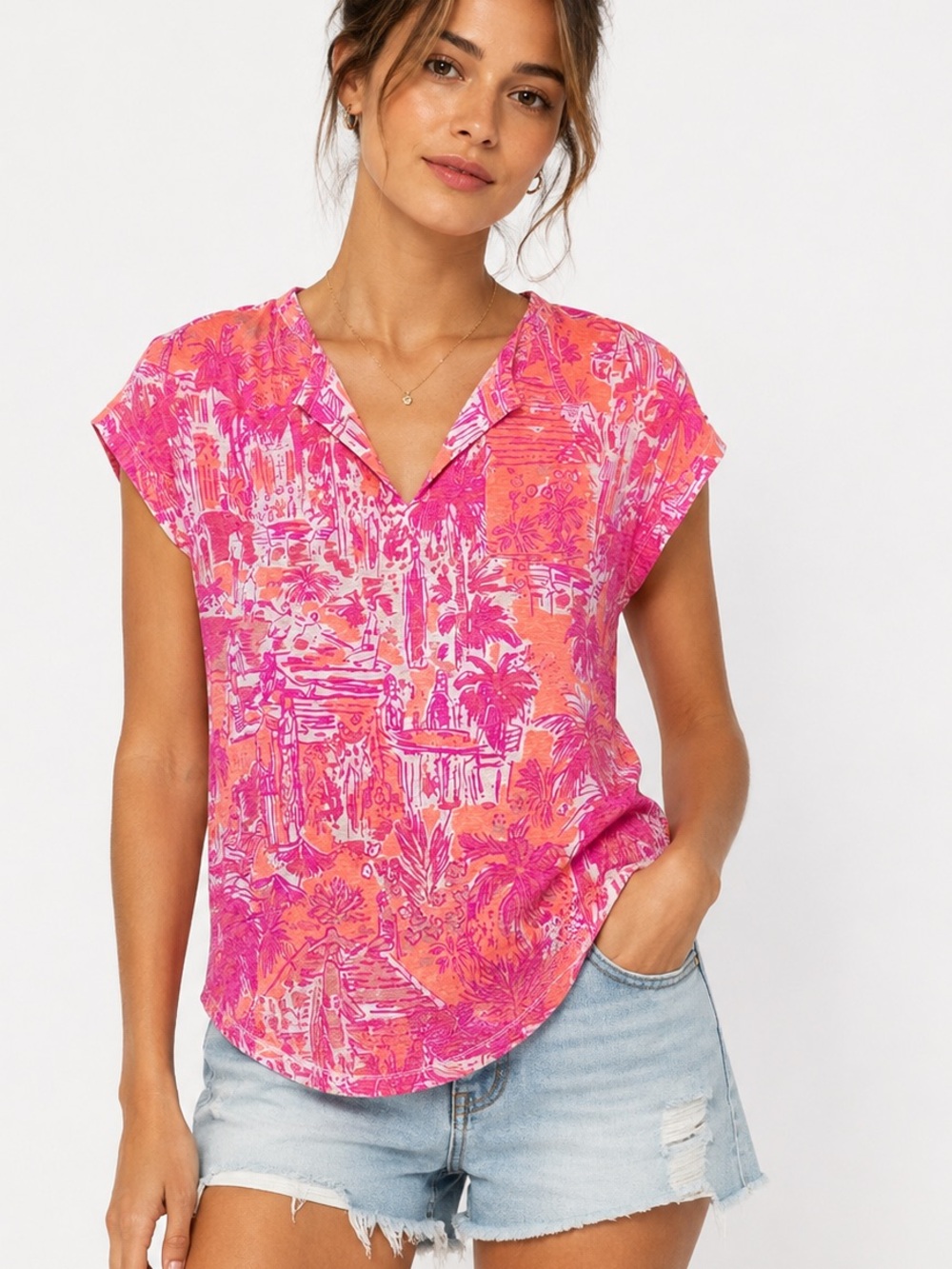 LILLY PULITZER Pink Linen top rule breakers print size XS